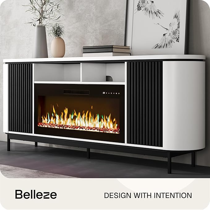 BELLEZE 76" Curved Profile TV Stand with 36" Electric Fireplace, Large Entertainment Center with Storage for TVs up to 80", Modern Media Console Fluted TV Cabinet for Living Room, White