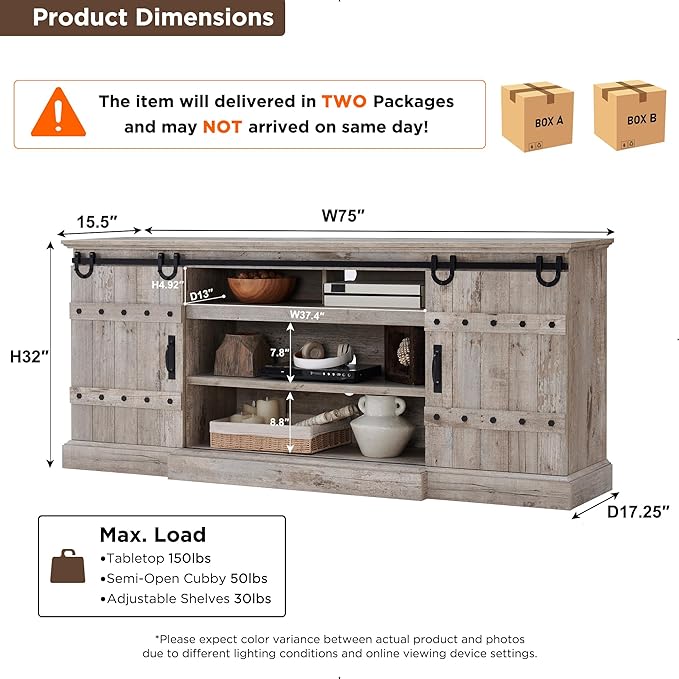 OKD 75" Farmhouse TV Stand for TVs Up to 85 Inches, Large Rustic Entertainment Center with Sliding Barn Door, Tall Highboy Media Console Table with Storage Cabinet for Living Room, Light Rustic Oak