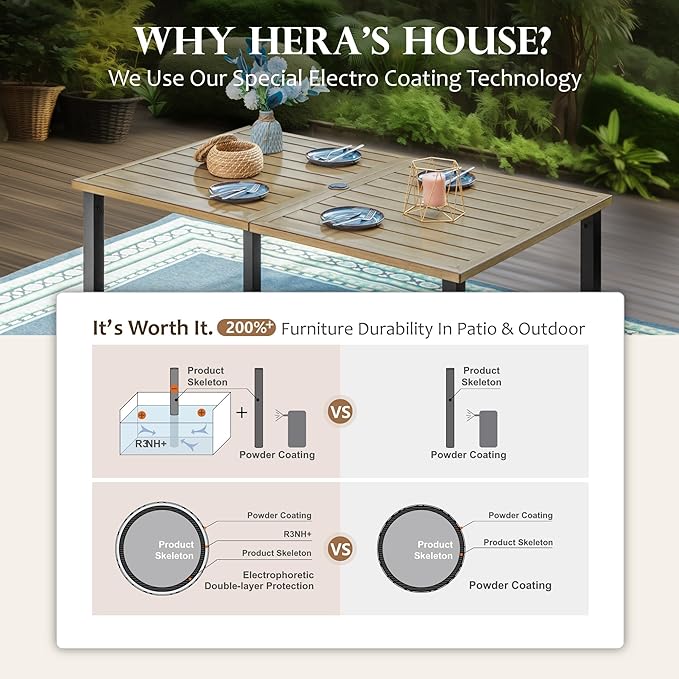 HERA'S HOUSE 7-Piece Outdoor Dining Set for 6, 60" Weather-Resistant Metal Patio Table with 6 Foldable Grey Chairs, Perfect for Garden, Backyard, Porch & Lawn (Space-Saving Design)