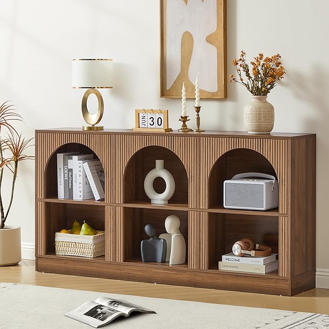 Console Table with 3-Tier Open Storage, 63" Arched Entryway Table with Carved Fluted Panels, Rectangular Wooden Sofa Table for Living Room, Hallway, or Behind Couch (1, Walnut)