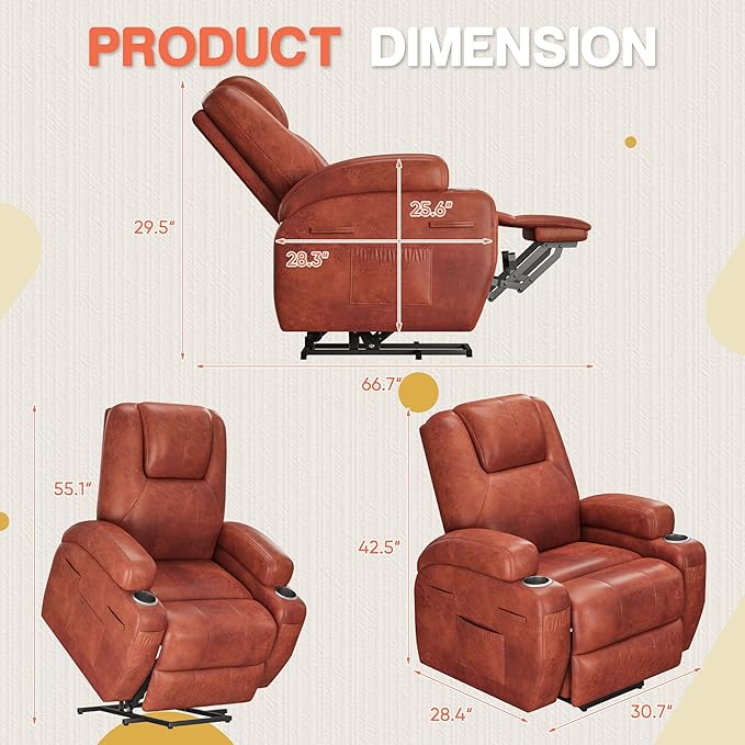 Electric Power Lift Recliner Chair with Massage for Elderly Corduroy Fabric Recliner Single Sofa with Cup Holders, Side Pockets and Remote Control for Living Room Bedroom (Leathaire, Brown)