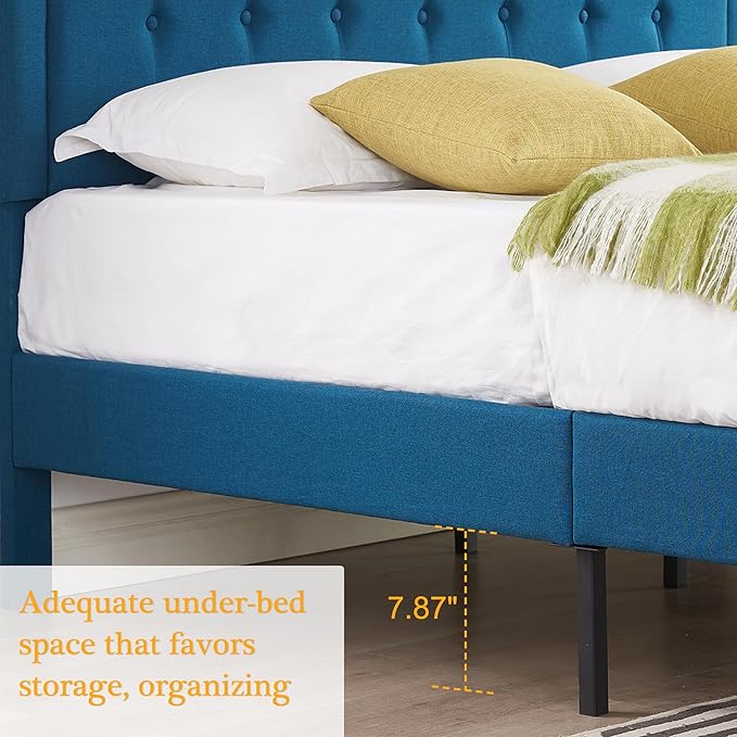 VECELO Full Size Platform Bed Frame with Fabric Upholstered Headboard and Wooden Slats Support, No Box Spring Needed/Easy Assembly,Blue