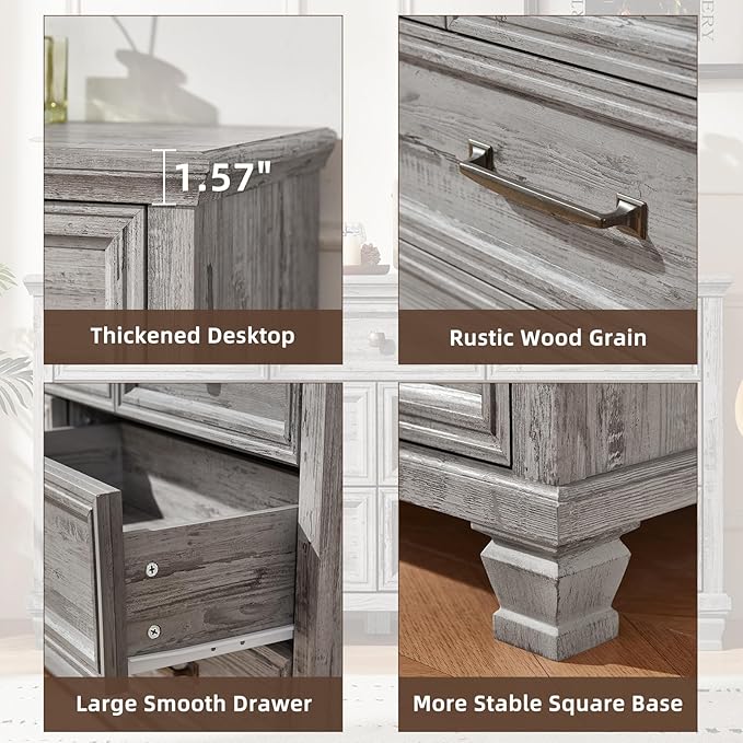 Farmhouse 7 Drawer Dresser for Bedroom, 54” Wide Dresser for Closet, Large Rustic Wooden Dressers, Chest of Drawers for Bedroom, Living Room, Entryway, Grey