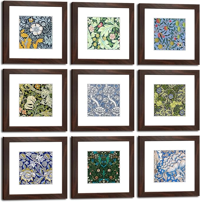 8x8 Picture Frame Set of 9 for Pictures 5x5 with Mat or 8x8 Without Mat, Wall or Tabletop Gallery Photo Frames Walnut