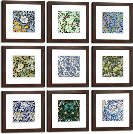 8x8 Picture Frame Set of 9 for Pictures 5x5 with Mat or 8x8 Without Mat, Wall or Tabletop Gallery Photo Frames Walnut