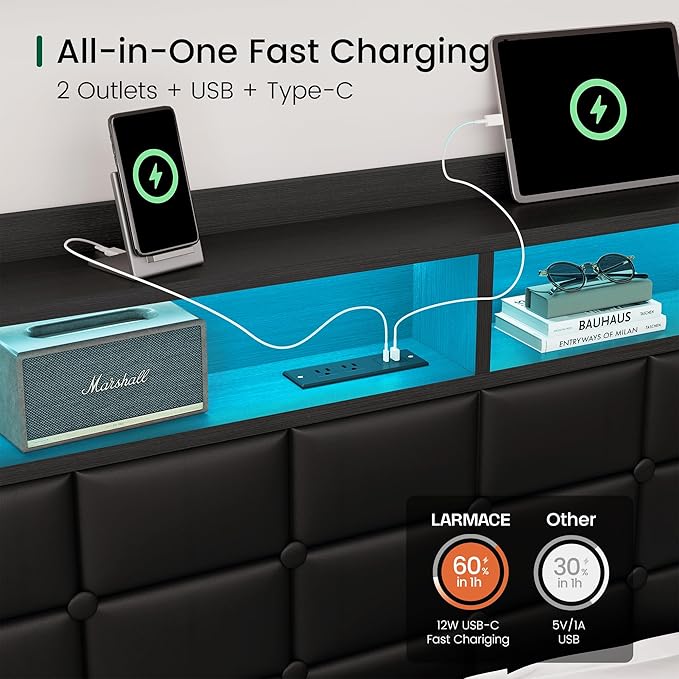 Queen Size Bed Frame with Charging Station and LED Lights Wooden Platform Bed Frame with 4 Storage Drawers and Bookcase Headboard, Faux Leather Upholstered, No Box Spring Needed, Black