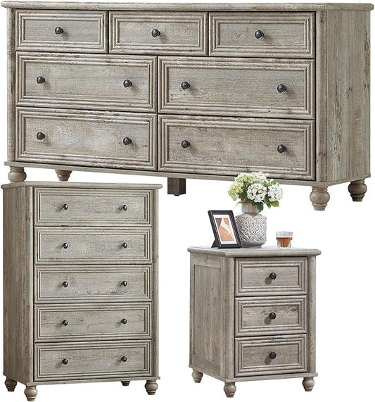 Farmhouse Dressers & Night Stand Set of 3, Wood 54" Wide Dresser & 45" Tall Chest of Drawers, 18" Roman Column Nightstand, Bedroom Furniture 7 Drawer Dresser Set for Bedroom Home Living Room Hallway