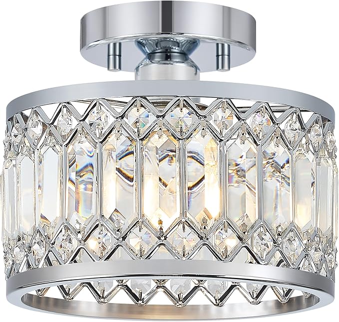 Crystal Chrome Ceiling Light, Modern Semi Flush Mount Ceiling Lighting Fixture, Round Hallway Lighting Fixtures for Entryway Kitchen Bedroom Laundry Room, 1-Light, 9 Inch