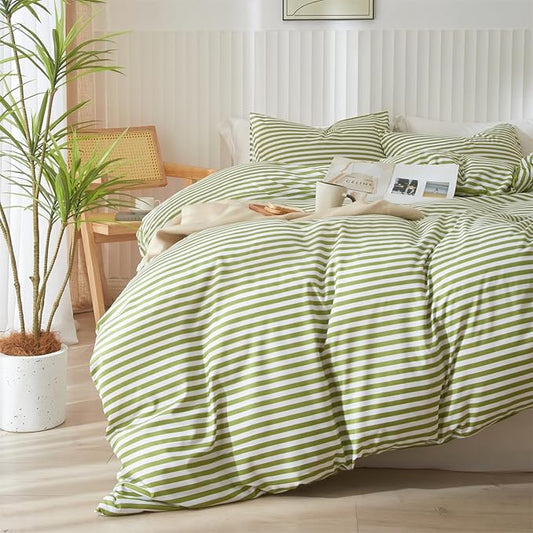mixinni Striped Comforter Set Twin XL Size - Green White Stripes Pattern Bed Set for All Season, 3 Pieces Lightweight Bedding Comforter Sets for All Seasons (1 Soft Fluffy Comforter + 2 Pillowcases)