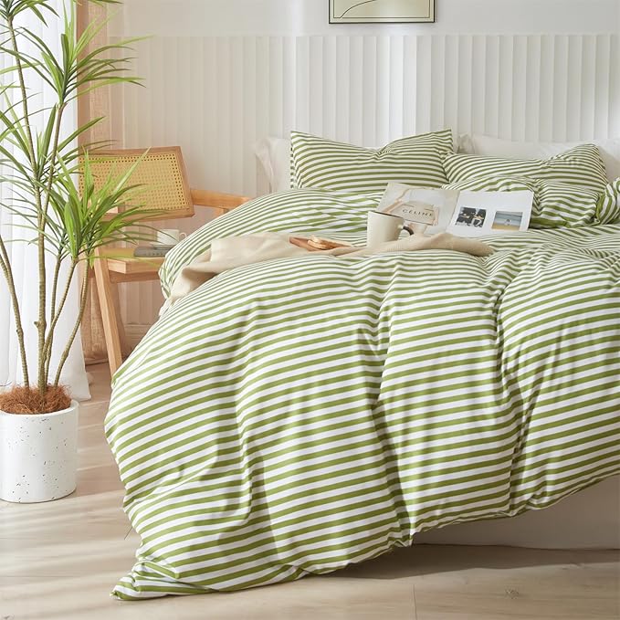 mixinni Striped Comforter Set Full Size - Green White Stripes Pattern Bed Set for All Season, 3 Pieces Lightweight Bedding Sets for All Seasons (1 Soft Fluffy Comforter + 2 Pillowcases)
