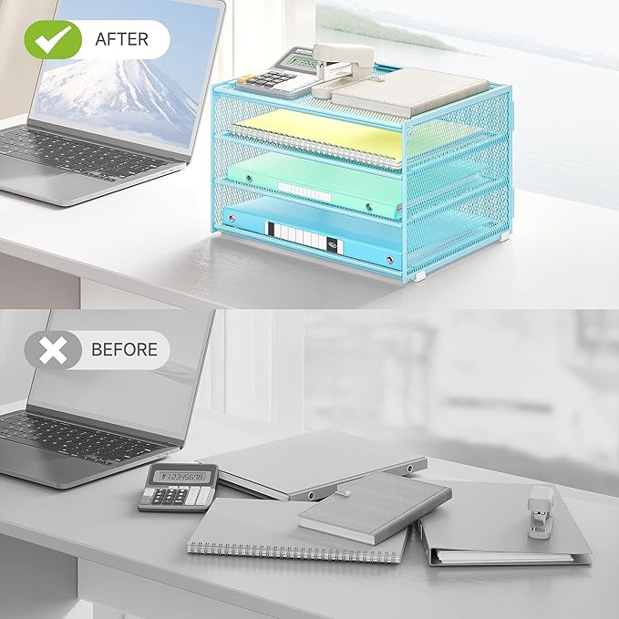Lavatino 3-Tier Letter Tray Desk Paper Organizer – Blue Mesh Metal File Tray Organizer for Desk, Office Supplies & Home Organization | Fits A4/Letter Paper, Mail, Magazines and Office Accessories