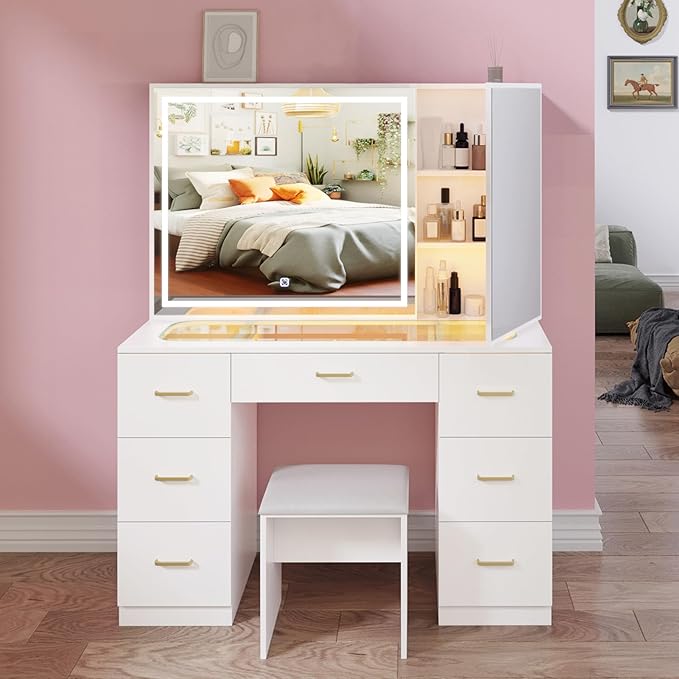 Glass Top Makeup Vanity Desk with Large Mirror and LED Lights,Vanity Stool&Storage Bench,White Vanity with Hidden Storage Mirror Cabinet&7 Drawers,Makeup Organizer Countertop for Room