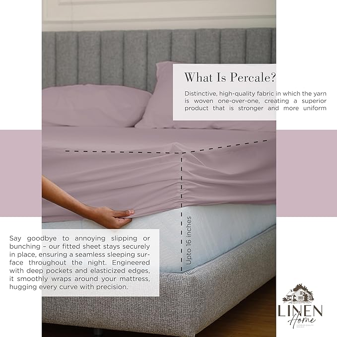 Linen Home 100% Cotton Percale Sheets Twin XL Size, Mauve Lavender, Deep Pocket, 3 Pieces Set - 1 Flat, 1 Deep Pocket Fitted Sheet and 1 Pillowcase, Crisp Cool and Strong Bed Linen