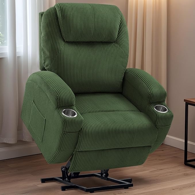 VICTONE Electric Power Lift Recliner Chair for Elderly Reclining Sofa for Living Room with Massage, Side Pockets and Cup Holders (Corduroy, Green)
