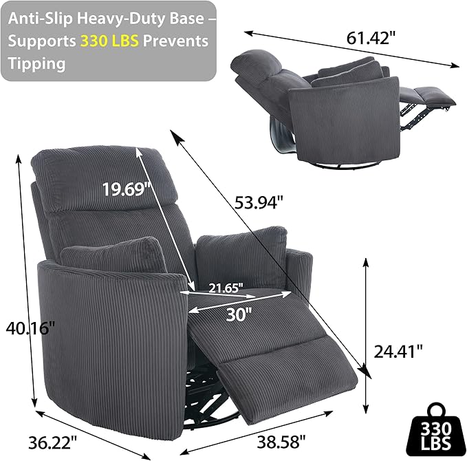 Power Swivel Glider Rocking Recliner Nursery Chair, Corduroy Rocker Recliner with USB, 2 Pillows, Barrel Armchair Single Sofa for Living Room Bedroom, Dark Grey