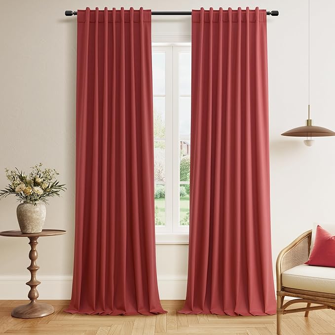 Guken Red Blackout Curtains 120 Inch Length 2 Panels Set for Living Room Bedroom Back Tab Thermal Insulated 100% Black Out Linen Drapes Room Darkening Window Curtains 120 Inches Long