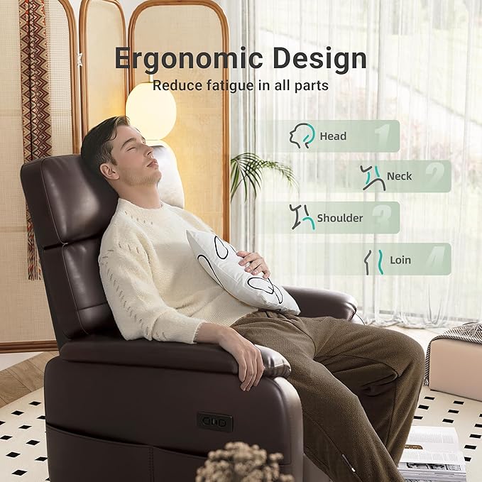 Claiks Power Swivel Rocker Recliner Chair, Oversized Recliner Chairs for Adults, PU Leather Overstuffed Reclining Chair with USB and Type-C Ports for Living Room, Dark Brown