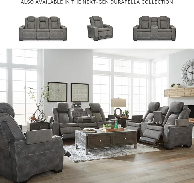 Signature Design by Ashley Next-Gen DuraPella Modern Faux Leather Power Reclining Sofa with Adjustable Headrest, Gray
