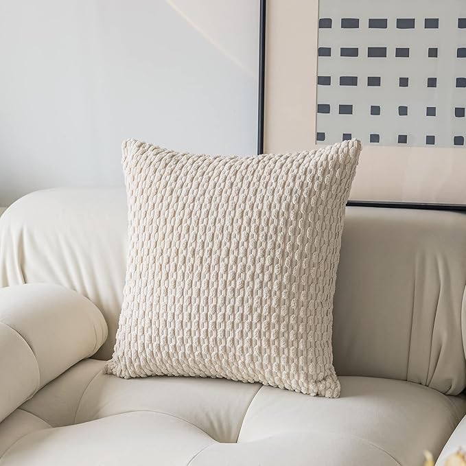 Kevin Textile Pillow Covers Decorative Set of 2 Striped Corduroy Plush Velvet Christma Pillowcases Cushion Cover for Couch 16x16 Inch Cream