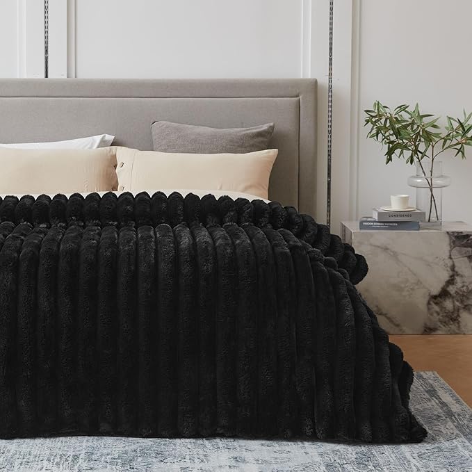 Faux Fur Throw Blanket for Couch, Cozy Warm Plush Striped Blanket for Sofa Bedroom Living Room, 50x60 Inches Black