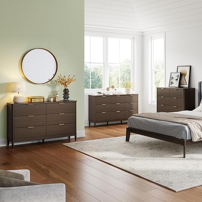 LINSY 5 Drawer Tall Dresser for Bedroom, Modern Fluted Wood Chest of Drawers with Gold Metal Handles, Wide Storage Dresser TV Stand for Bedroom, Living Room, Entryway, Walnut