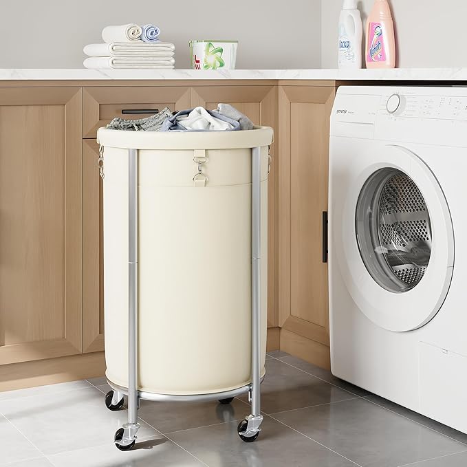 ELYKEN Laundry Hamper with Wheels, 110L Rolling Laundry Basket, Round Laundry Cart with Steel Frame and Removable Bag, 4 Casters and 2 Brakes, Dirty Clothes Hamper for Hotel, Home, Closet, Dorm, Cream
