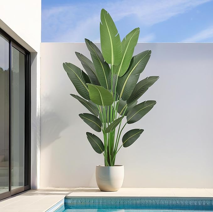 7FT Artificial Bird of Paradise Tree 82 Inch Tall Faux Silk Plants Banana Leaf with 19 Trunks in Black Pot for Home Decor Living Room Office Bedroom