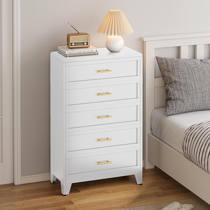 Metal Dresser Tall White Dresser for Bedroom Chest,53.54" H White Drawer Chest, Closet Dressers & Chests of Drawers for Living Room, Hallway (5 Drawers Rounded Corners)