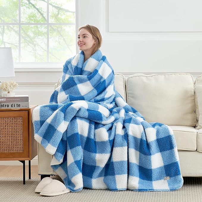 Cozy Bliss Ultra Soft Reversible Double Sherpa Sided Blanket, Buffalo Plaid Throw Blanket Fluffy Thick Warm Plush Fuzzy Blanket for Couch, Bed and Gifts (Light Blue, 50" x 60")