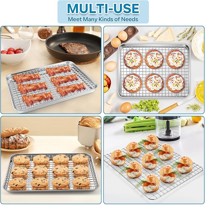 TeamFar Baking Tray with Rack, 12.5 x 10 x 1 Inch Stainless Steel Toaster Oven Baking Pan with Grid Rack for Baking Roasting Cooling, Healthy & Heavy-Duty, Oven & Dishwasher Safe, 2pcs