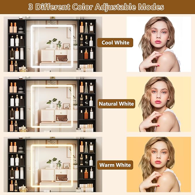 Black Vanity Desk with Mirror and Lights, 43.4" Makeup Vanity Table Set with Lighted Mirror & RGB Glass Cabinet, 3 Drawers, Glass Top Dressing Table with Large Shelves for Girls, 3 Color Modes