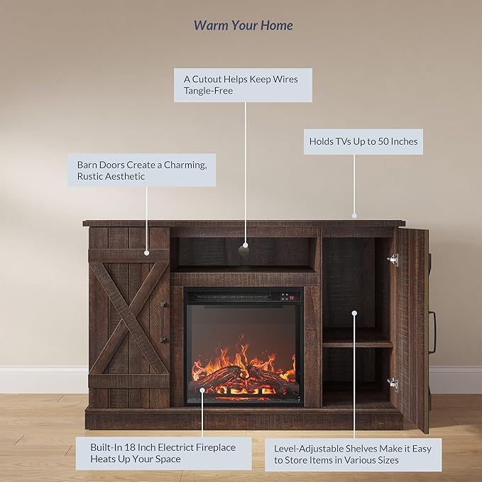 BELLEZE 47" TV Stand with 18" Electric Fireplace Heater & Media Entertainment Center Console Table for TV up to 50" with Open Storage Shelves & Cabinets - Veropeso (Espresso)