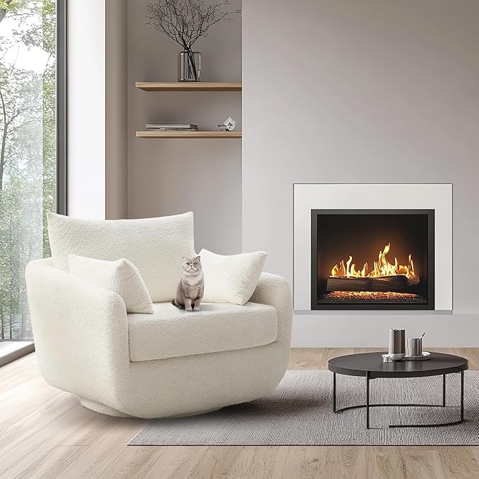 360° Swivel Accent Armchair, 39.3" Oversized, Sherpa Boucle Fabric Sofa Chair with Removable Back & Arm Pillows, Cream White Swivel Chair with Cozy Soft Padded, No Assembly Required