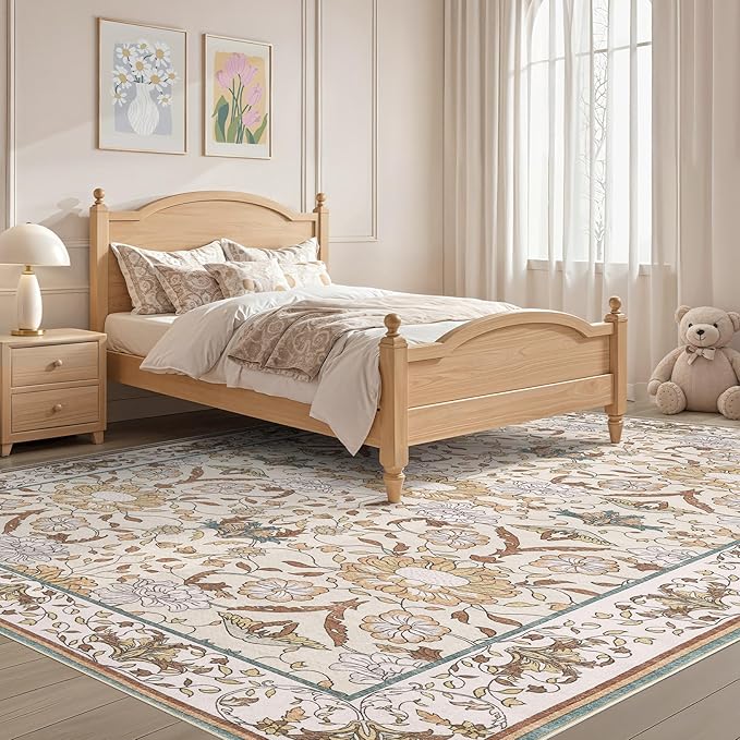 Nursery Rug 9x12 for Kids & Girls - Washable Vintage Large Floral Area Rugs - Ultra Thin Stain Resistant Non Slip Carpets for Kids Playroom, Living Room, Bedroom, Dining Room, Office - Floral