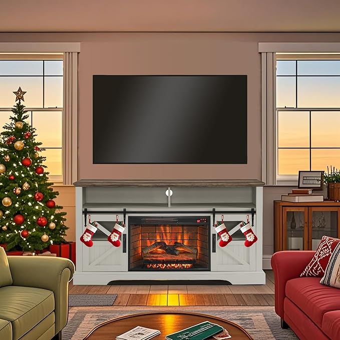 Fireplace TV Stand for 70" TV, Farmhouse Entertainment Center with 26” Fireplace Heater, Auto-Power-Off Door Sensor, TV Console with Sliding Barn Door, Adjustable Shelves, Jasmine White