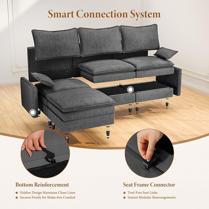 Vesgantti Large Modular Sectional Sofa, Big Comfy Cloud Couch with Ottoman Deep Seat Chenille Cloud Sofa, 8 Seater Large Sectional Couches for Living Room, Bedroom and Apartment, Gray