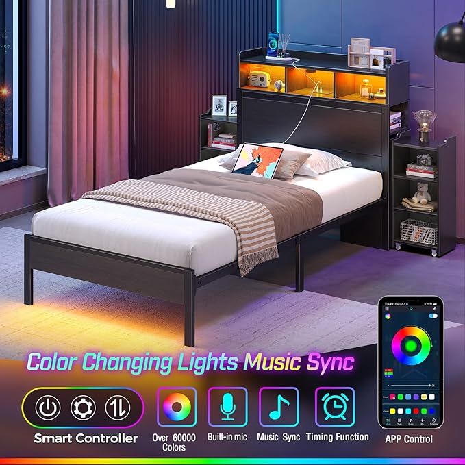 Rolanstar Bed Frame Twin Size with Bookcase Storage Headboard, Slide Out Bedside Storage, Bed with Charging Station & LED Lights, Heavy Duty Metal Slats, No Box Spring Needed, Noise Free, Black