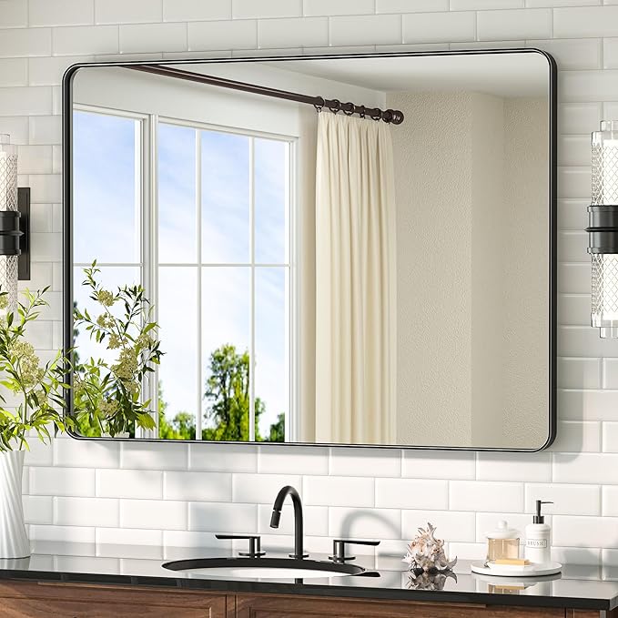 TETOTE Black Mirror 40 x 30 Matte Black Metal Framed Vanity Mirror, Tempered Glass, Wall Mounted for Bathroom, Entryway, Bedroom, Living Room(Horizontal/Vertical)