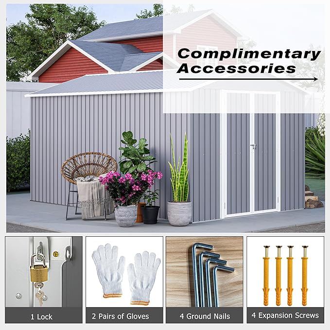 8x12 Ft Large Metal Outdoor Storage Shed with Floor Frame & Lock, Durable Waterproof & Windproof Tool Shed for Garden, Backyard, Patio