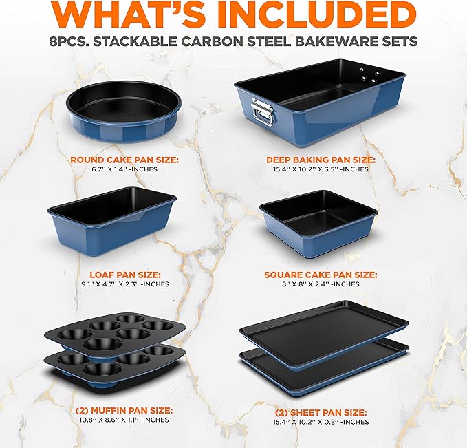 NutriChef 8-Piece Nonstick Stackable Bakeware Set - PFOA, PFOS, PTFE Free Baking Tray Set w/Non-Stick Coating, 450°F Oven Safe, Round Cake, Loaf, Muffin, Wide/Square Pans, Cookie Sheet (Blue)