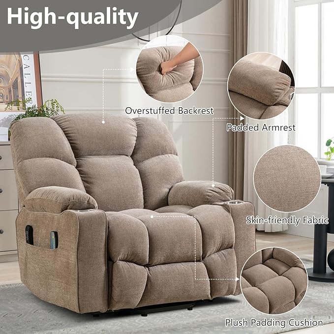 CANMOV Oversized Power Lift Recliner Chair for Elderly, Dual Motor Electric Heavy Duty Lift Recliner with Massage, Heating, with USB Port,Cup Holders and Pockets, Brown
