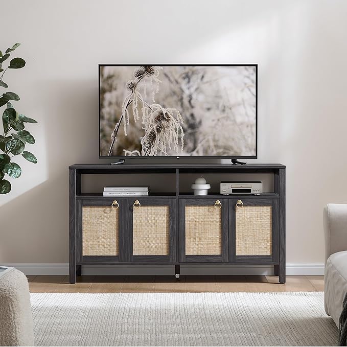 SICOTAS Rattan TV Stand for Television up to 120 Inch - Large Entertainment Center with Storage and Open Shelves, Boho Media TV Console Cabinet with Doors and Adjustable Shelf for Living Room