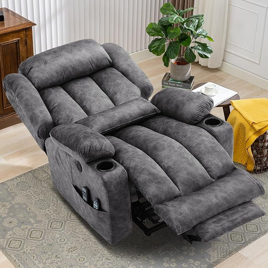MEETWARM Oversized Dual Motor Lay Flat Power Lift Recliner Chair for Elderly with Heat Massage, Large Sleeping Electric Recliner with Extended Footrest, Lumbar Pillow, USB & Type-C Ports, Plush-Gray