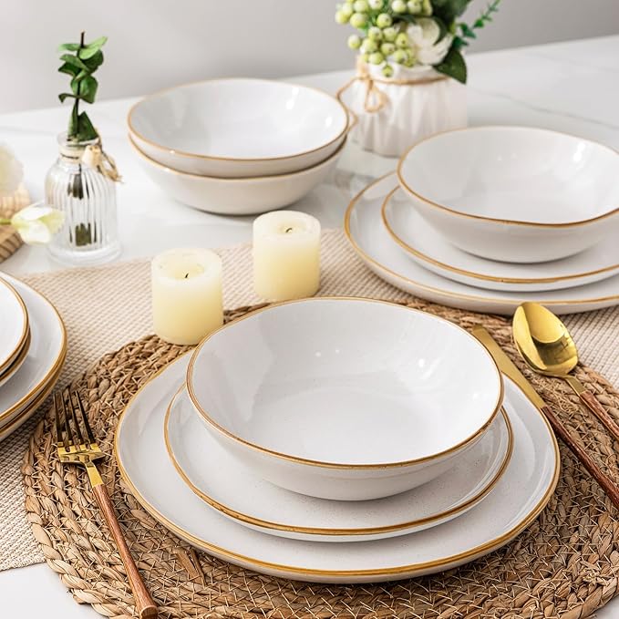 AmorArc Ceramic Dinnerware Sets,Handmade Reactive Glaze Stoneware Plates and Bowls Set,Highly Chip and Crack Resistant Dishware | Dishwasher & Microwave Safe Dishes Set,Service for 4(12Pcs)