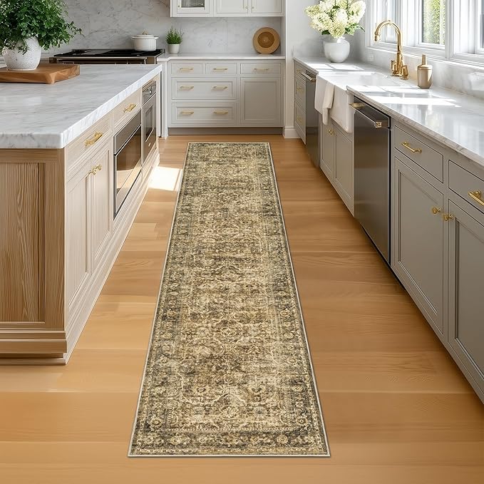 FMFUNCTEX 2x12 Runner Rug Brown Washable Vintage Neutral Distressed Non Slip Low Pile Indoor Carpet Retro Floral Hallway Entryway Rug for Kitchen Living Room Bedroom Bathroom Laundry Entry Bedside