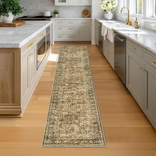 FMFUNCTEX 2x10 Runner Rug Brown Washable Vintage Neutral Distressed Non Slip Low Pile Indoor Carpet Retro Floral Hallway Entryway Rug for Kitchen Living Room Bedroom Bathroom Laundry Entry Bedside