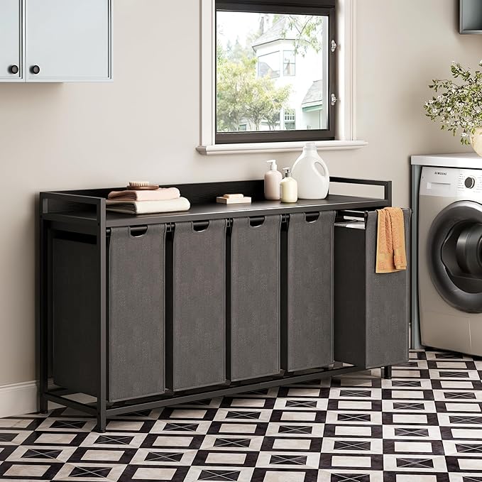 Laundry Hamper with Shelf, Laundry Basket 5 Section, Laundry Sorter with Pull-Out Removable Large Bags and Movable Wheels, Metal Frame, 5 x 15.87 Gallons (60L), Black PF08XLB