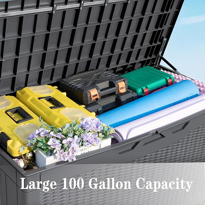 Greesum 100 Gallon Resin Deck Box Large Outdoor Storage Boxes with Cushions for Garden Tools, Patio Furniture Pillows, Pool Supplies, Gray