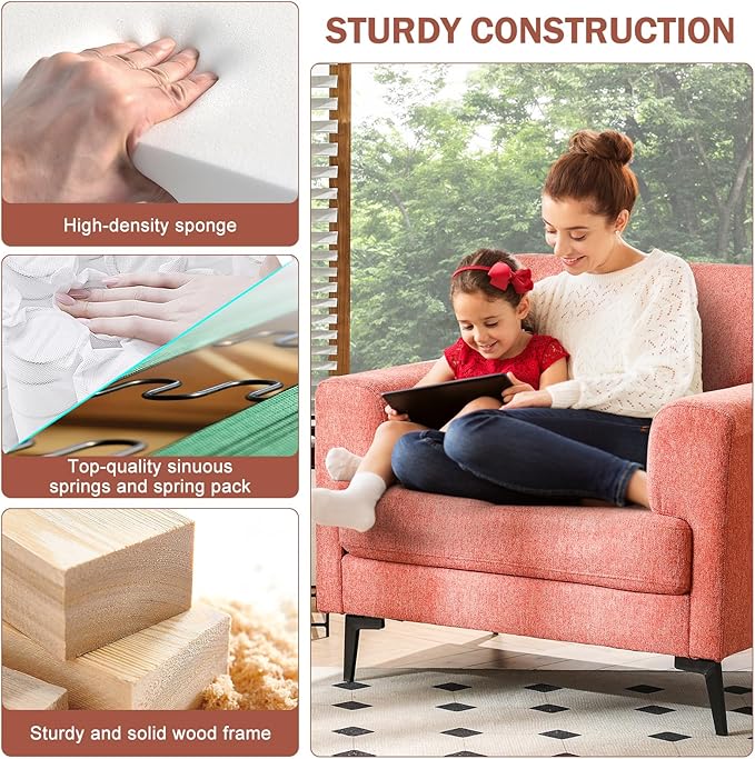 CDCASA Accent Chair, Linen Fabric Oversized Mid Century Modern Chair Set of 2, Comfy Upholstered Armchair Reading Accent Chairs Sofa Chairs for Bedroom Living Room, Coral Pink