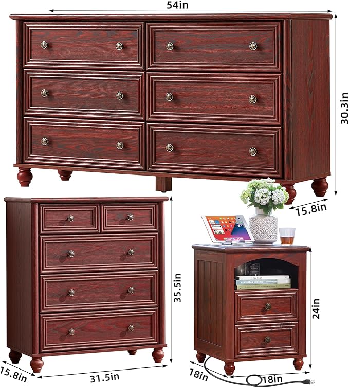 Farmhouse Dressers & Night Stand Set of 3, Wood 54" Wide 6 Drawer Dresser & 35.5"Tall Chest of Drawers, 18" with Charging Station Nightstand, Bedroom Furniture Dresser Set for Home Living Room Hallway